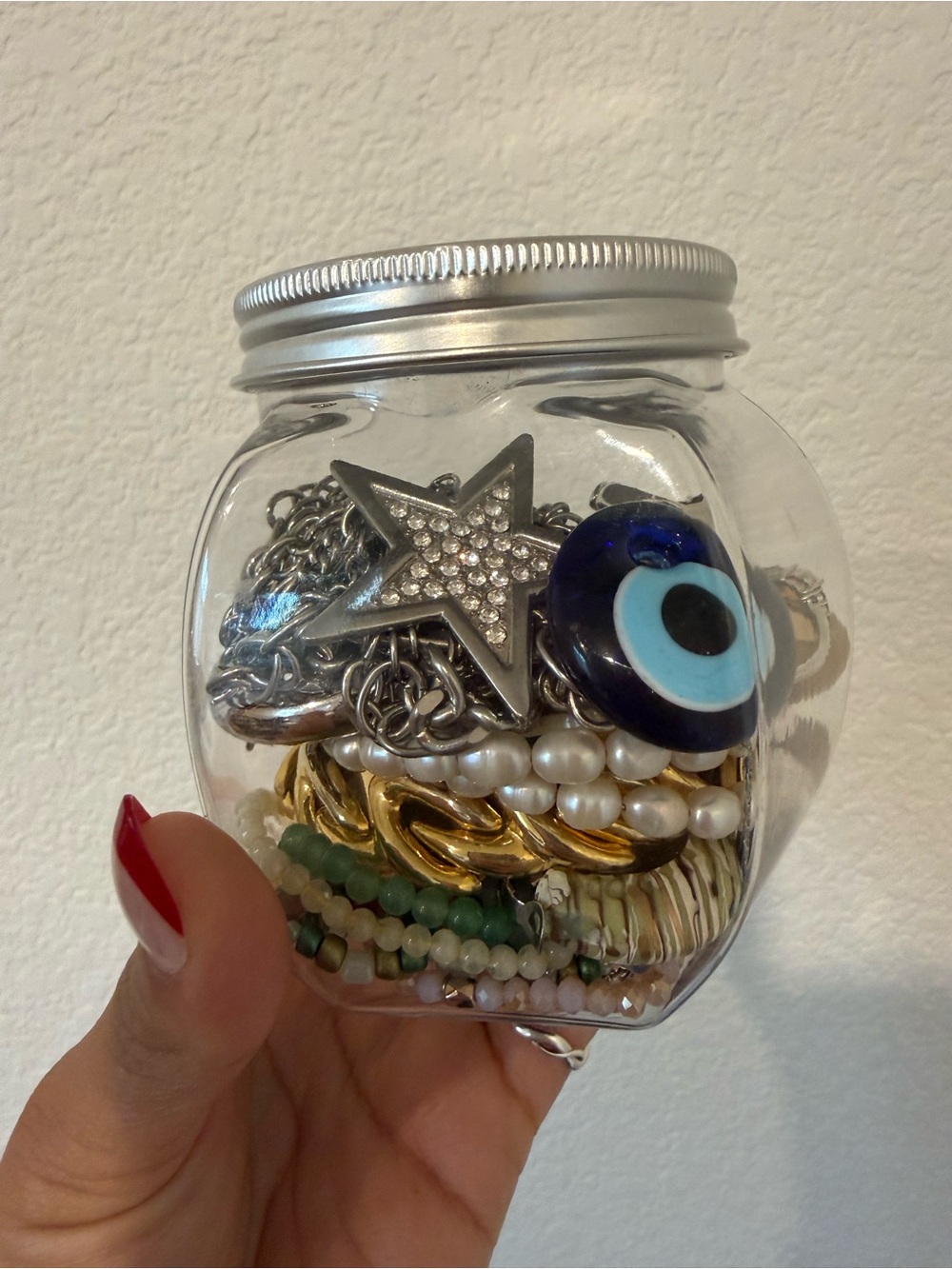 Mixed Jewelry Jar with Star Pendant and Evil Eye Charm - Gold & Blue Accents